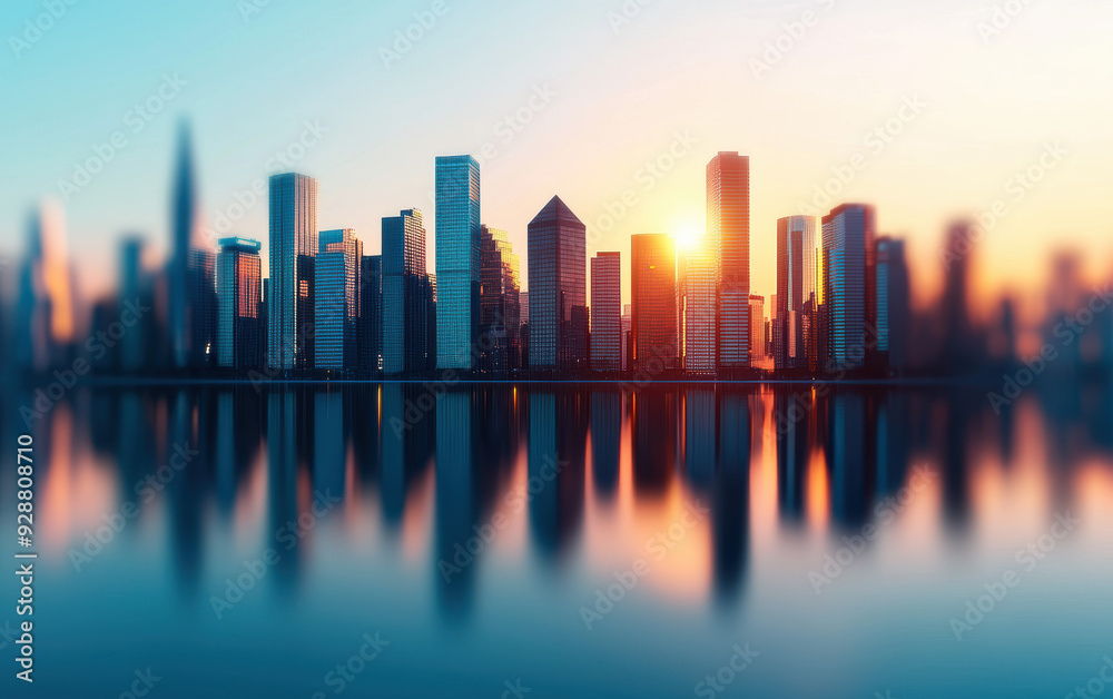 Silhouette of a modern city skyline at sunrise, with sunlight reflecting off skyscrapers and casting a serene glow on the calm waters below. Silhouette of a modern city skyline at sunrise, with sunlight reflecting off skyscrapers and casting a serene glow on the calm waters below.
