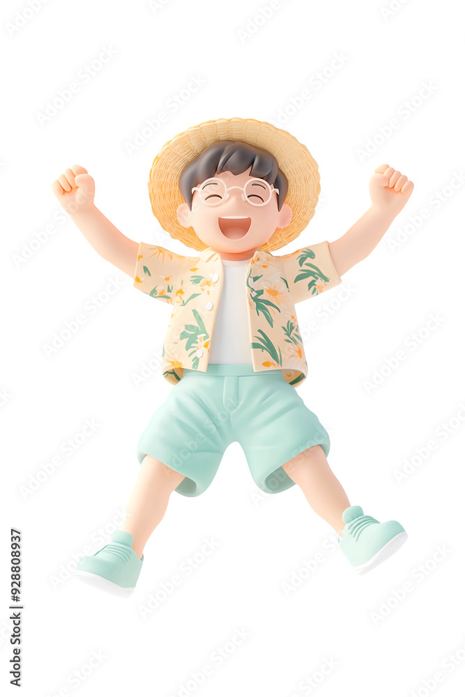 3D Cartoon Character Jumping with Joy in Summer Vacation Outfit