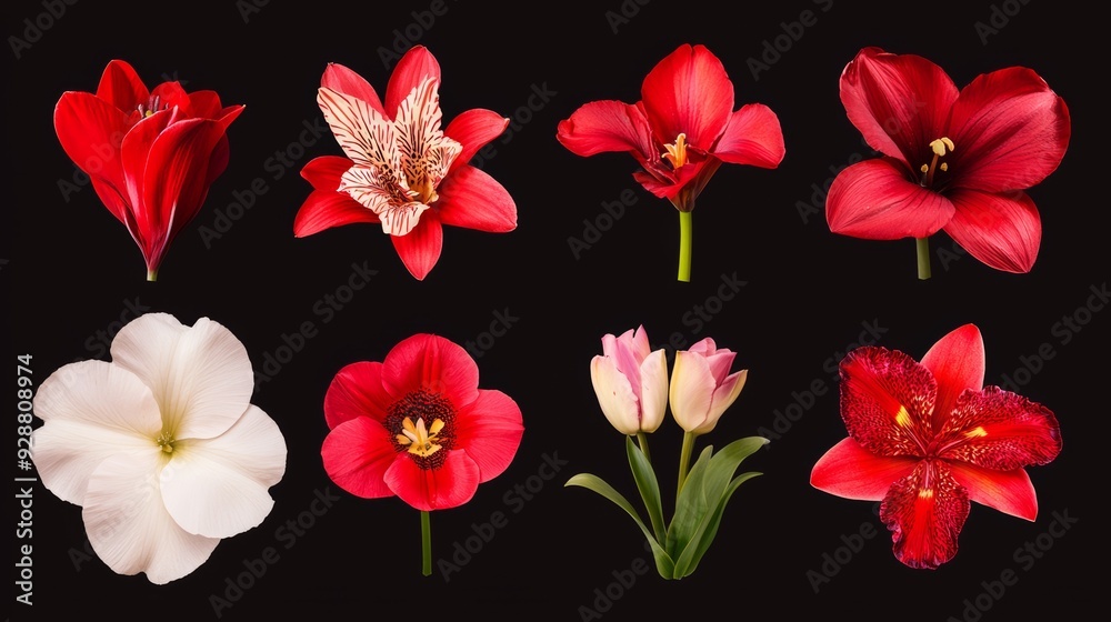 A collection of red and white flowers are displayed in a black background A collection of red and white flowers are displayed in a black background