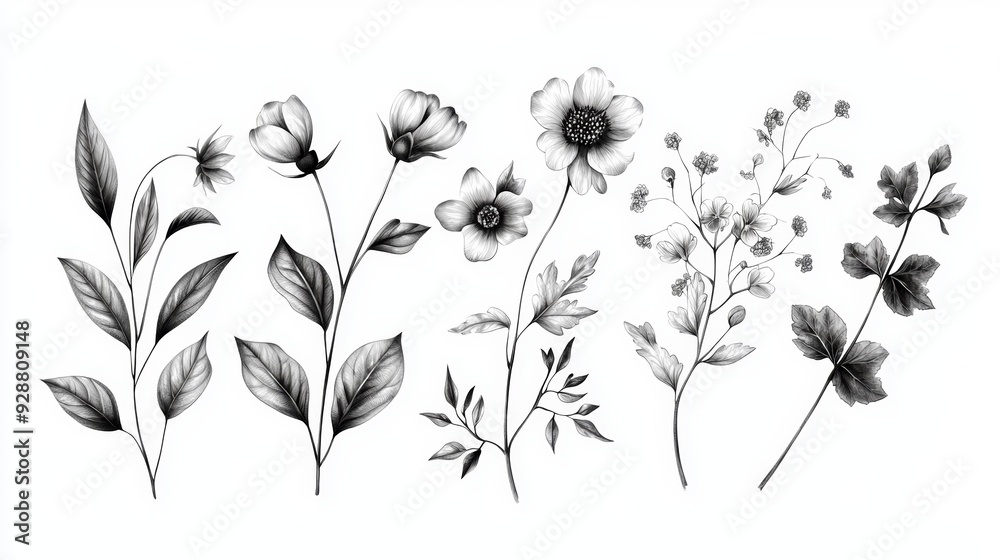 A set of black and white drawings of flowers A set of black and white drawings of flowers