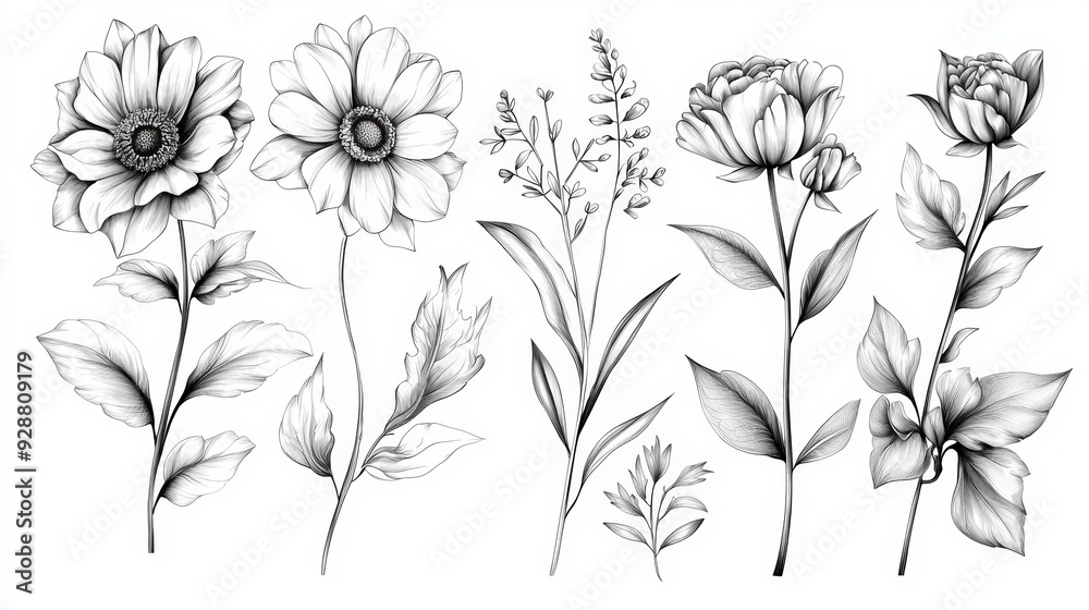 A set of black and white drawings of flowers