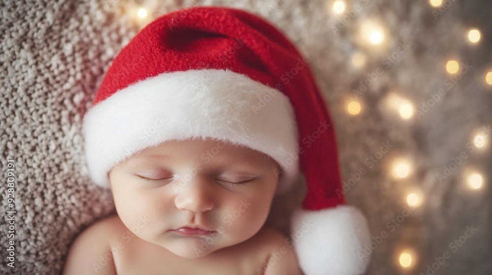 Peaceful Newborn in Santa Hat with Christmas Lights Background Peaceful Newborn in Santa Hat with Christmas Lights Background