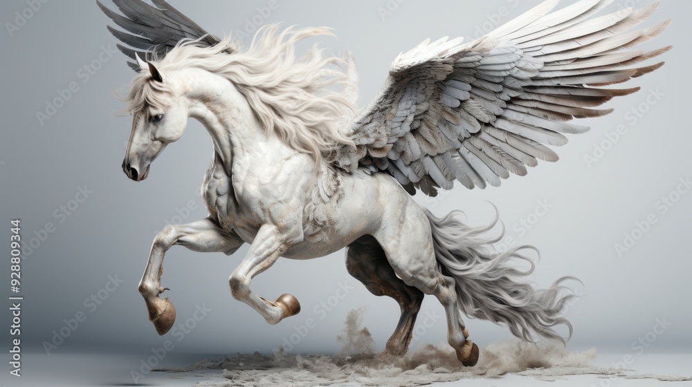 Majestic Pegasus, a mythical winged horse, flying with white powerful wings outstretched, showing strength and grace Majestic Pegasus, a mythical winged horse, flying with white powerful wings outstretched, showing strength and grace