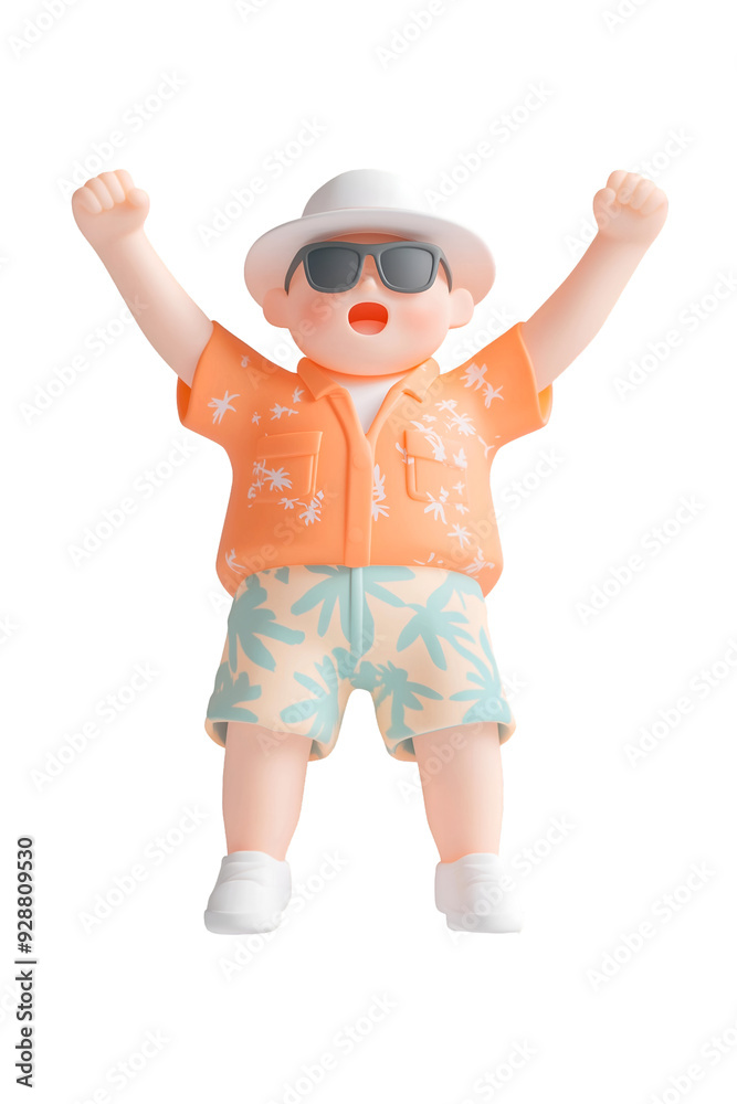 3D Cartoon Character Jumping with Joy in Summer Vacation Outfit 3D Cartoon Character Jumping with Joy in Summer Vacation Outfit