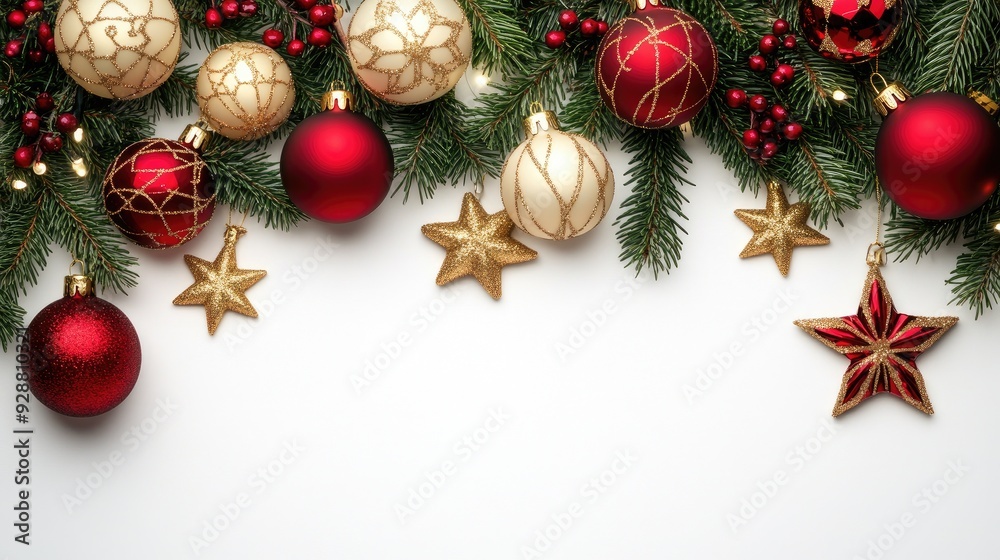 Festive Christmas decorations featuring pine branches and red and gold ornaments on a bright white background Festive Christmas decorations featuring pine branches and red and gold ornaments on a bright white background