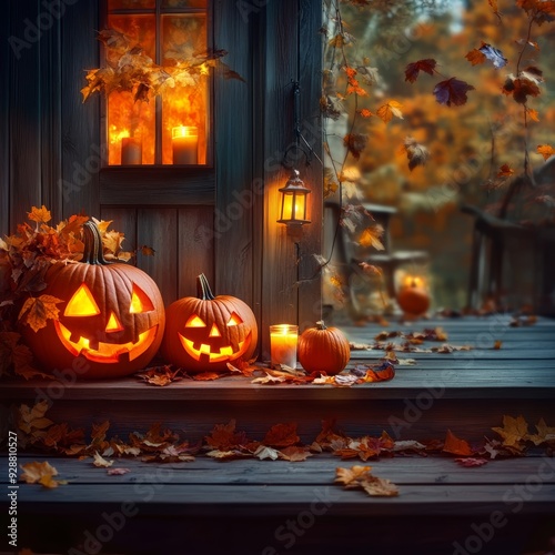 Background with halloween pumpkins, candles and autumn leaves on the wooden house porch 