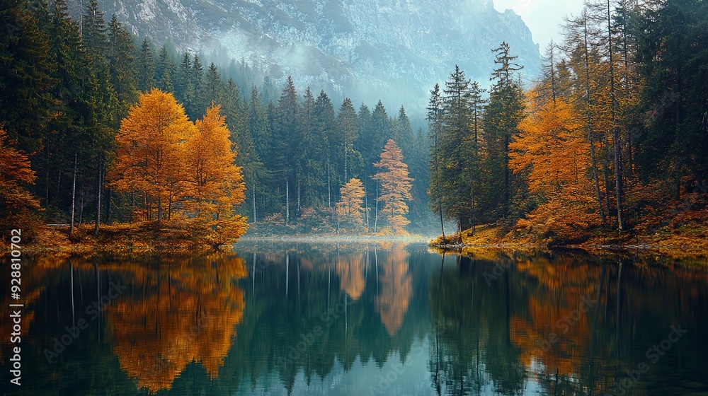 Naklejka premium Autumn Reflection on Tranquil Lake in Scenic Forest Landscape