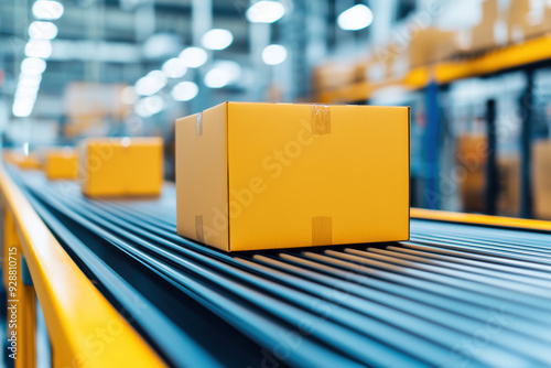 Cardboard box on a conveyor belt in a modern warehouse. Concept of logistics, package delivery, e-commerce, and automation in the shipping industry.