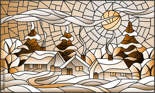 Illustration in a stained glass style with a winter landscape, cozy village houses against a snowdrift and a Sunny sky, tone brown