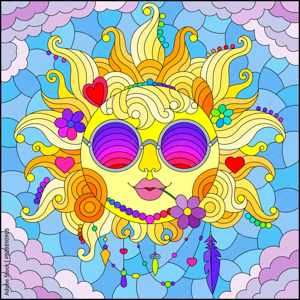 An illustration in stained glass style with fabulous sun with the face on the background of sky and clouds An illustration in stained glass style with fabulous sun with the face on the background of sky and clouds