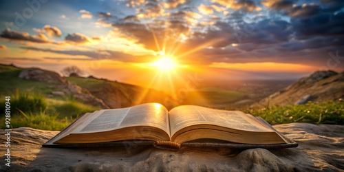 Ancient Bible opened to resurrection narrative in warm sunrise light, Ancient, weathered, Bible, resurrection, narrative