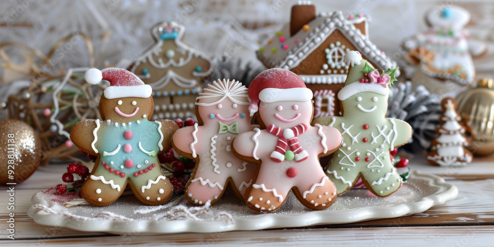 Colorful Christmas gingerbread people and house cookies
Colorful Christmas gingerbread people and house cookies