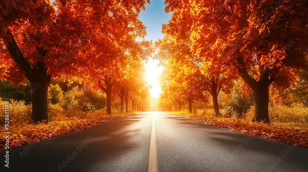 Peaceful road with autumn trees lining the road and sun shining through Peaceful road with autumn trees lining the road and sun shining through