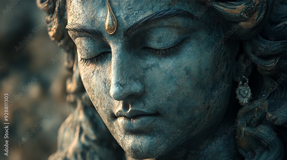 Closeup of a serene, stone sculpture of a woman with her eyes closed, and a golden teardrop decoration above her brow. Closeup of a serene, stone sculpture of a woman with her eyes closed, and a golden teardrop decoration above her brow.