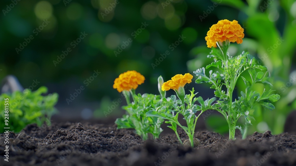 Three orange flowers are growing in the dirt Three orange flowers are growing in the dirt