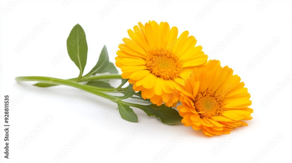 Two yellow flowers are on a white background