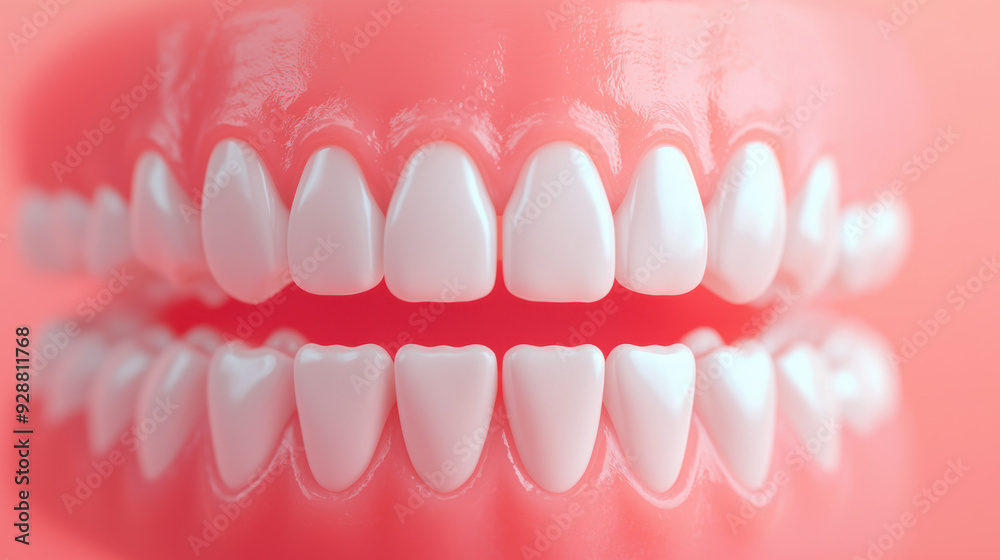 Fototapeta premium Close-up of clean, white, healthy teeth set against a pink background. Ideal for dental, hygiene, health, and medical-themed designs or advertisements.