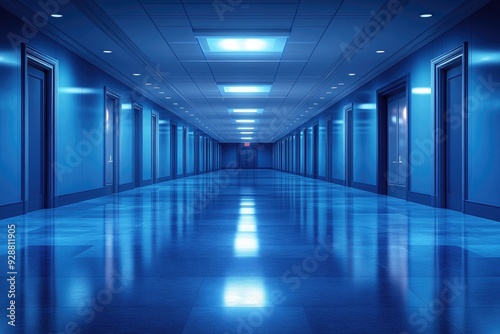 Empty Blue Hallway with Doors and Overhead Lights