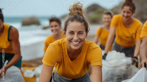 Diverse Group of Volunteers Cleaning Up a Beach, Collecting Plastic Waste, Environmental Responsibility photo