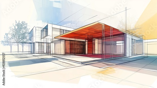  Perspective sketch illustration drawing of architectural concept. Full colorful abstract presentation of architecture project for communication design. AI Generative. 