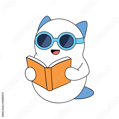 Halloween Vector Icon - Ghost Reading Book in Sunglasses.