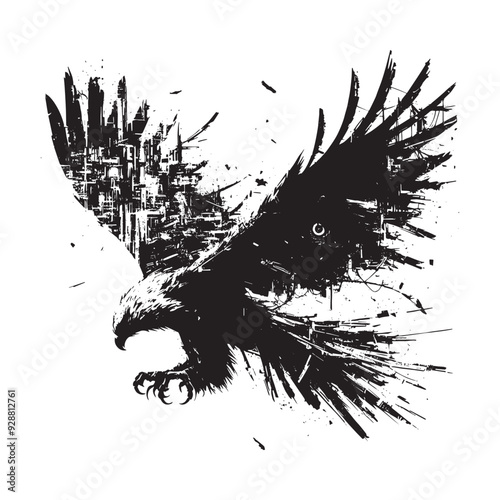 silhouette of Hawk filled with destroyed futuristic dystopia environment in rough drawing