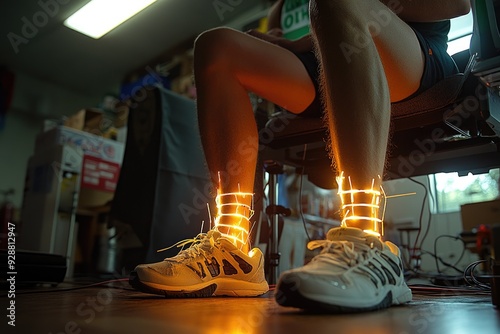 Illuminated Sneakers Worn by a Person Sitting in a Chair photo