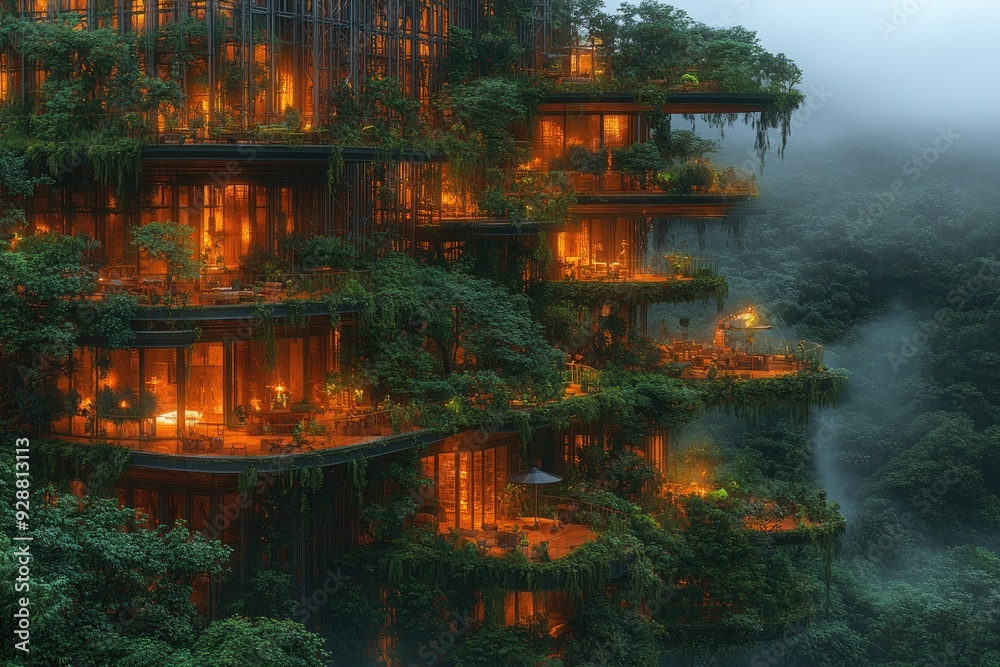 Obraz premium Illuminated Treehouse Hotel in Foggy Jungle