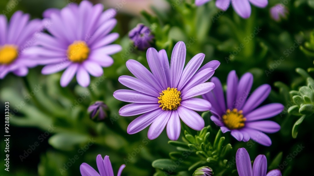 A bunch of purple flowers with yellow centers A bunch of purple flowers with yellow centers