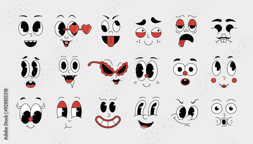 Groovy comic faces. Retro 70s 80s 90s psychedelic smiley face icons, abstract funny hippie groovy characters with different emotions. Vector set