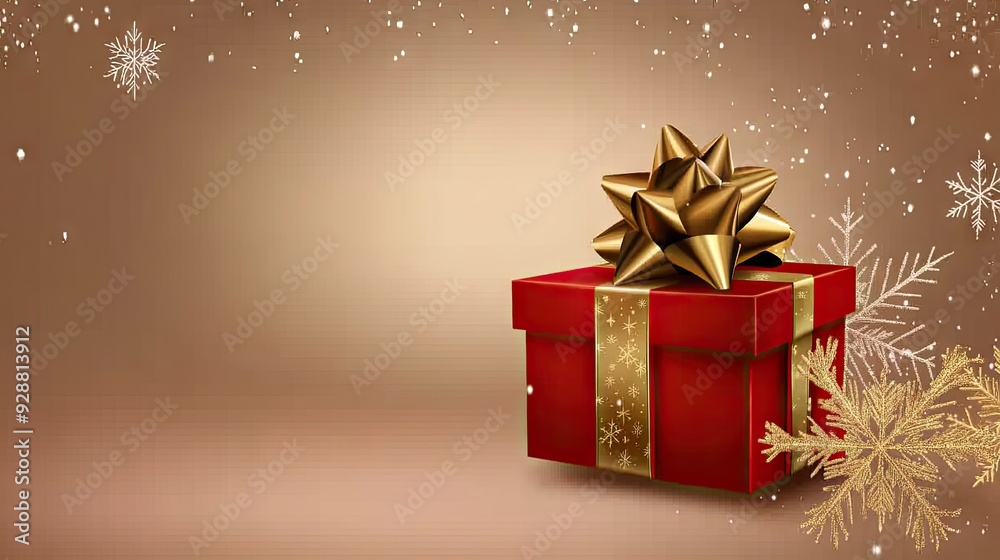 A festive red gift box adorned with golden snowflakes and a shimmering bow, capturing the essence of holiday cheer A festive red gift box adorned with golden snowflakes and a shimmering bow, capturing the essence of holiday cheer