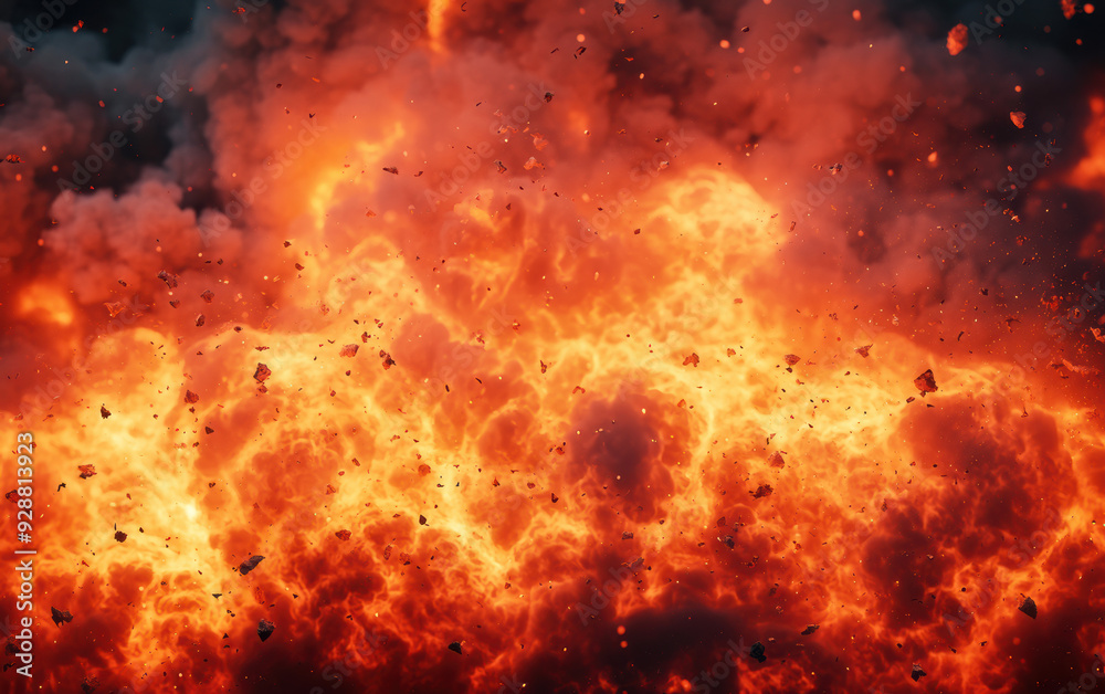 Fototapeta premium Dramatic explosion with fiery flames and debris; intense fire and smoke create a powerful visual impact, capturing the chaos and heat of a blast.