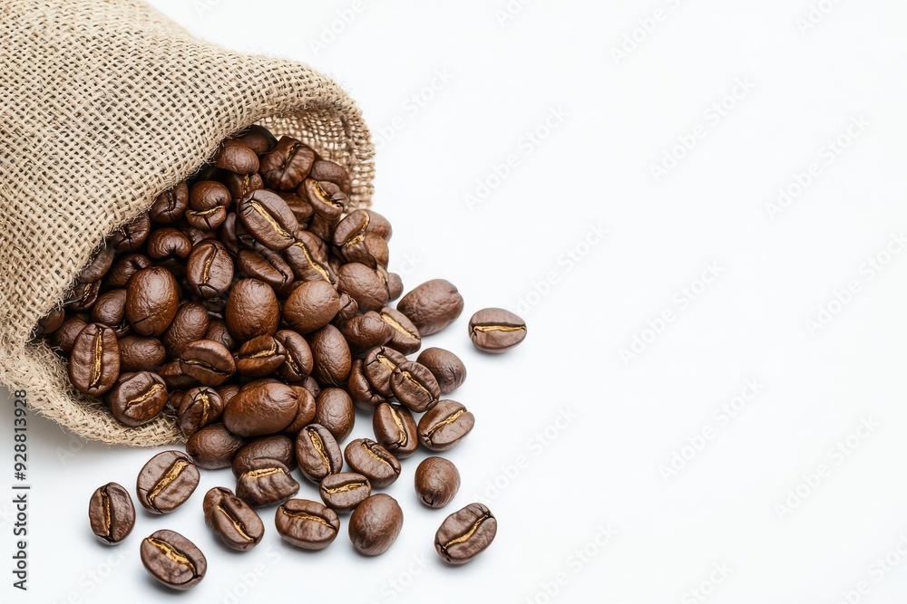 Organic coffee beans, spilling from burlap sack, 3D illustration Organic coffee beans, spilling from burlap sack, 3D illustration