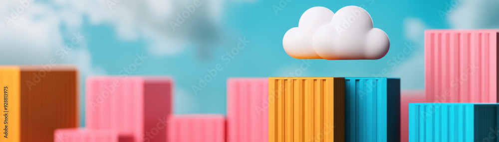 Abstract illustration with colorful containers and a cloud, showcasing modern, vibrant, and innovative design in a whimsical urban landscape. Abstract illustration with colorful containers and a cloud, showcasing modern, vibrant, and innovative design in a whimsical urban landscape.