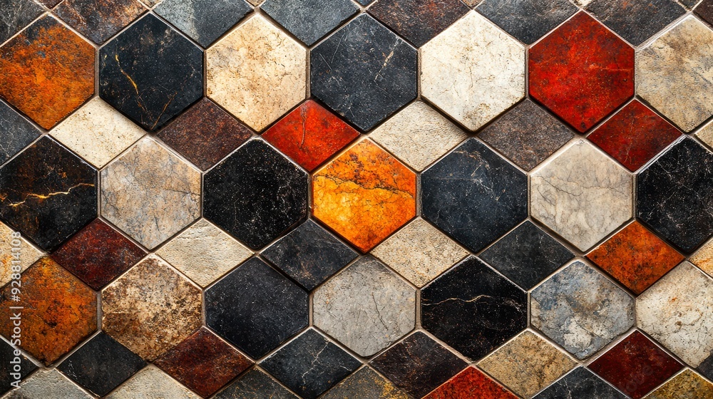 Hexagonal multi-colored tiles arranged in a pattern, featuring shades of red, orange, black, and grey ideal for backgrounds, interior design concepts, or architectural presentations, Hexagonal multi-colored tiles arranged in a pattern, featuring shades of red, orange, black, and grey ideal for backgrounds, interior design concepts, or architectural presentations,