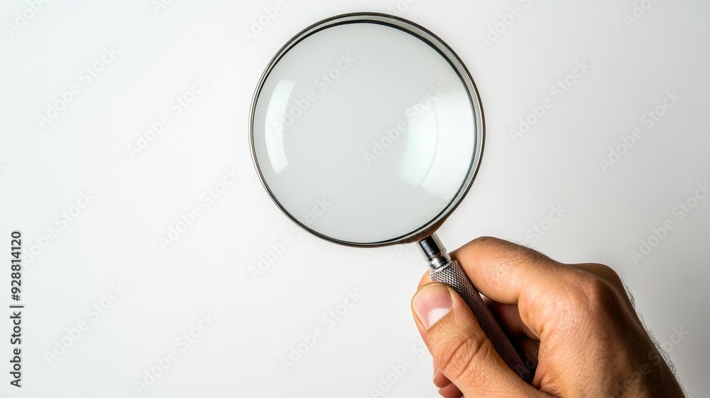 A hand holding a magnifying glass against a white background, illustrating the concept of searching, inspecting, or analyzing, suitable for educational, marketing, or business-related materials, A hand holding a magnifying glass against a white background, illustrating the concept of searching, inspecting, or analyzing, suitable for educational, marketing, or business-related materials,