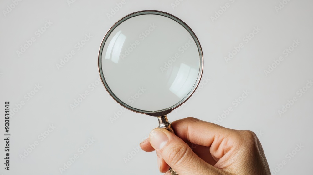 A hand holding a clear magnifying glass against a white background, ideal for concepts related to scrutiny, research, investigation, or searching for details, Can be used for educational, business A hand holding a clear magnifying glass against a white background, ideal for concepts related to scrutiny, research, investigation, or searching for details, Can be used for educational, business