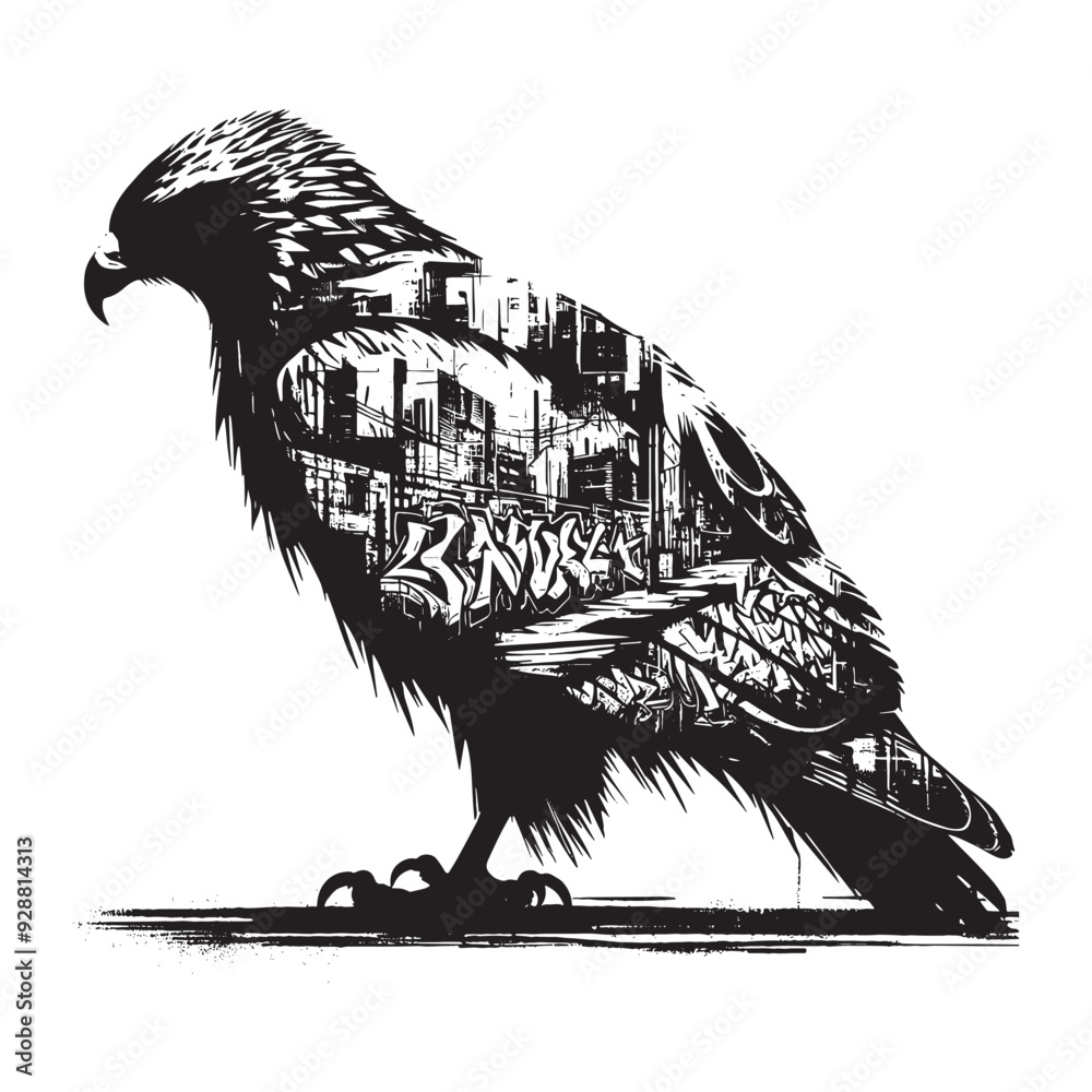Obraz premium silhouette of Hawk filled with graffiti street wall in rough drawing