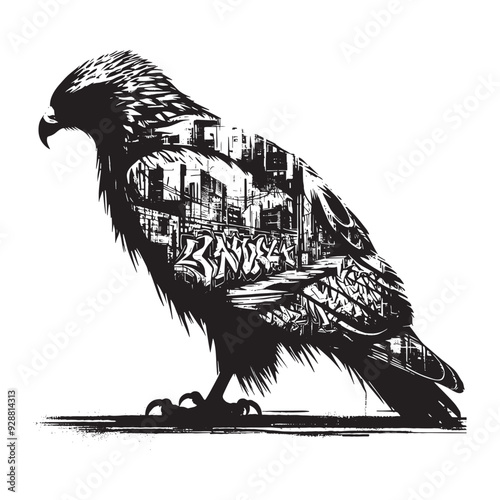 silhouette of Hawk filled with graffiti street wall in rough drawing