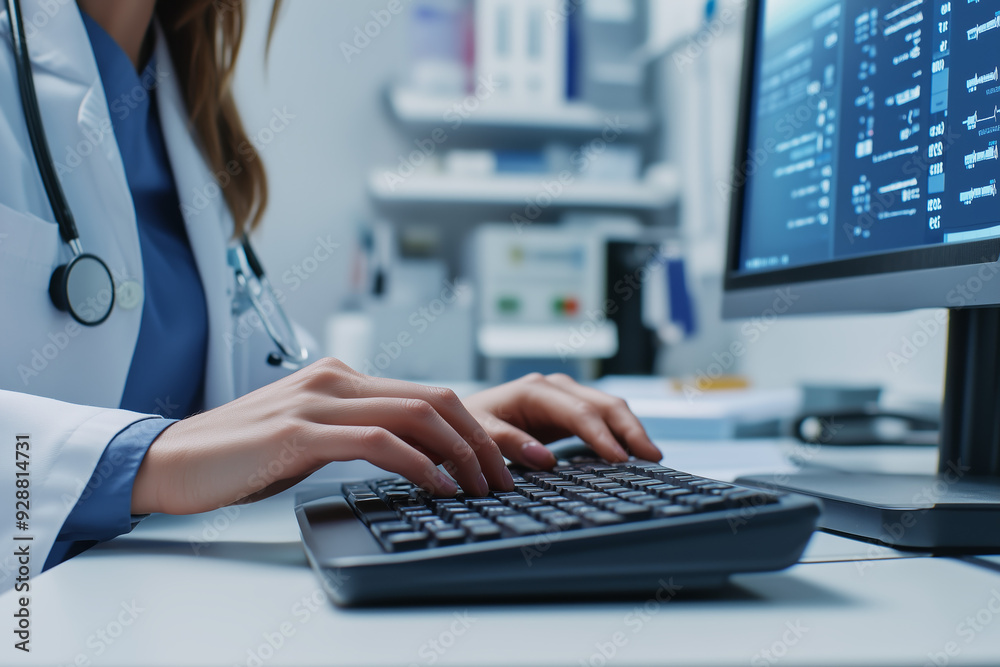 Doctor typing on a keyboard while reviewing medical data on a computer screen in a clinical setting. Healthcare and technology concept Doctor typing on a keyboard while reviewing medical data on a computer screen in a clinical setting. Healthcare and technology concept