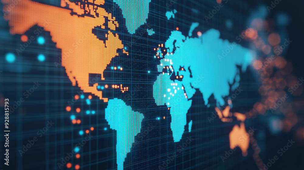Digital world map with pixelated continents in blue and orange, representing data communication and global connectivity in modern technology. Digital world map with pixelated continents in blue and orange, representing data communication and global connectivity in modern technology.