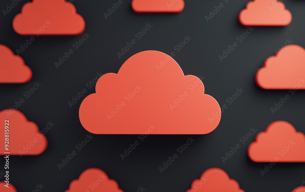 pattern of red cloud icons on a black background representing data storage, cloud computing, and modern technology concepts in a minimalist style. pattern of red cloud icons on a black background representing data storage, cloud computing, and modern technology concepts in a minimalist style.
