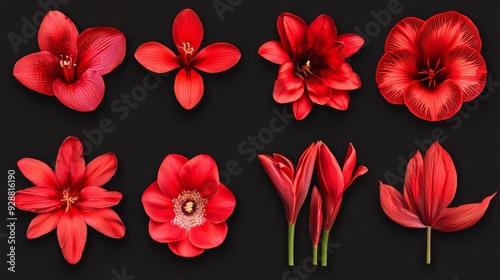 A collection of red flowers with different shapes and sizes