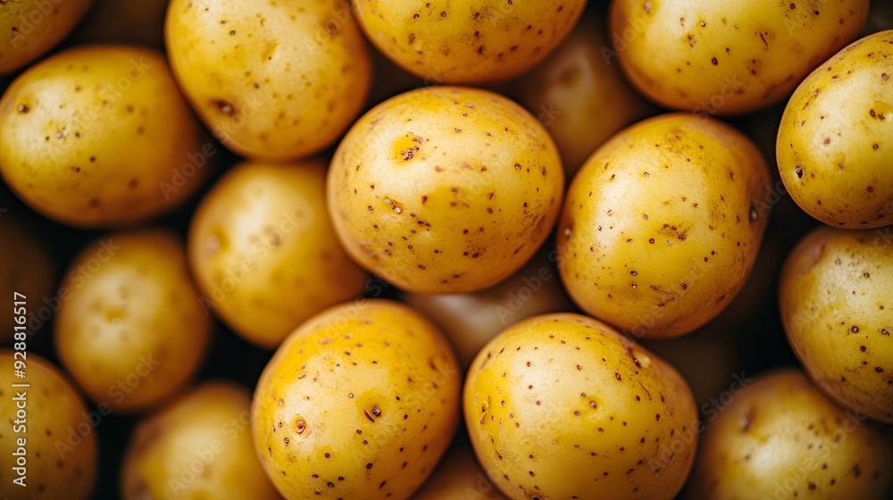 Bright close-up of fresh yellow potatoes, macro photography, vibrant golden hues, smooth potato skin texture, natural organic produce, even lighting. Bright close-up of fresh yellow potatoes, macro photography, vibrant golden hues, smooth potato skin texture, natural organic produce, even lighting.