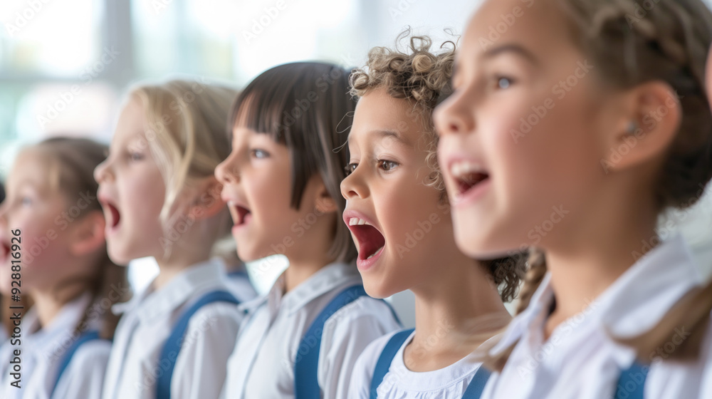 Children singing enthusiastically in a choir dressed in matching school uniforms. Represents concepts of teamwork, education, and musical expression. Children singing enthusiastically in a choir dressed in matching school uniforms. Represents concepts of teamwork, education, and musical expression.