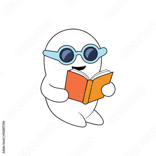 Halloween Vector Icon - Ghost Reading Book in Sunglasses.