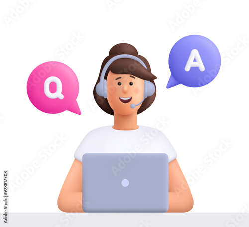 Office operator with headset and speech bubble QA, talking with clients. Customer service, call center, customer support, questions and answers, faq chat concept. 3d vector people character.