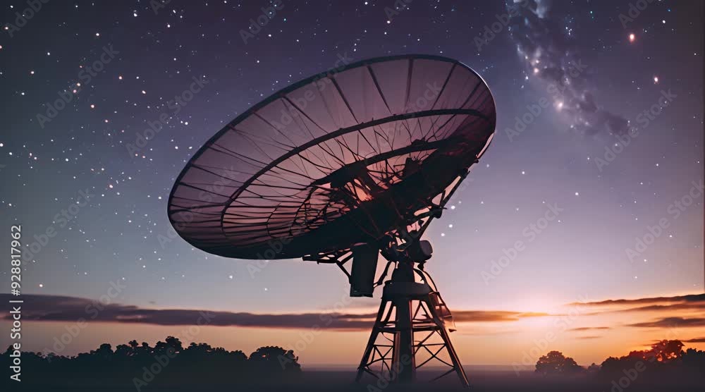 Satellite dish scanning the starry sky at dusk technology meets nature 4k animation Satellite dish scanning the starry sky at dusk technology meets nature 4k animation