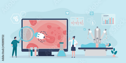 Robotic surgery, innovate technology. Surgical doctor robot for operating people, biomedical robotics machine surgeon device treatment. Healthcare, medical operation equipment.