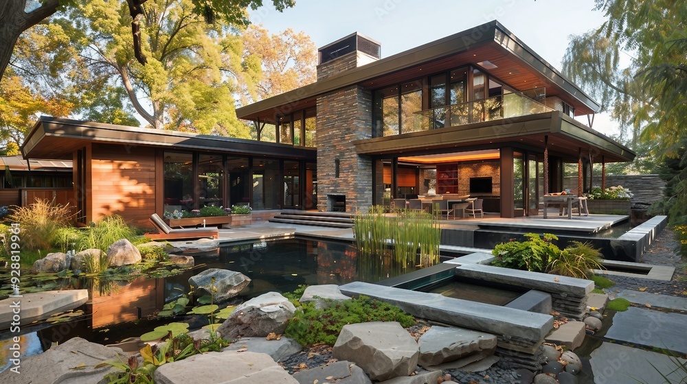 Modern House with Pond and Landscaped Garden Modern House with Pond and Landscaped Garden